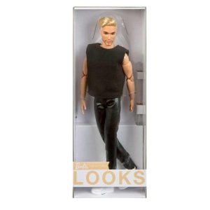 Barbie Signature Looks Model #5 Ken Blonde Facial Hair Black T-Shirt & Vinyl Pants Doll #GTD90