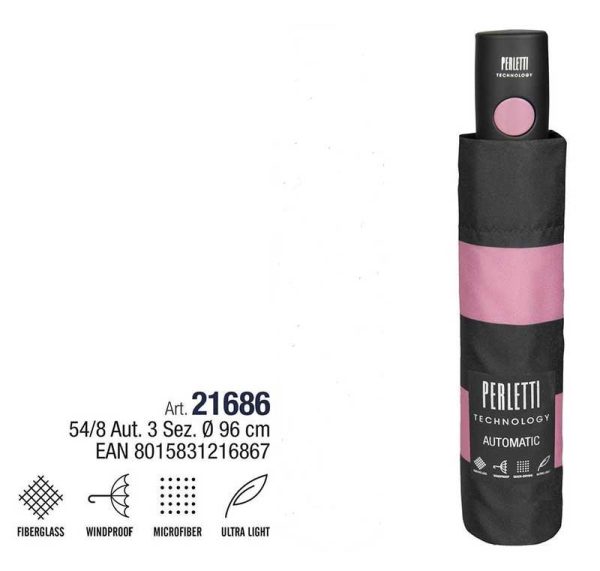 Perletti 21686 - Αντιανεμική Ομπρέλα Βροχής Ριγέ Σπαστή 96cm