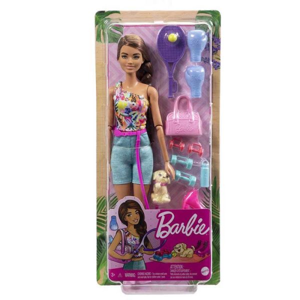 Barbie Wellness Workout Outfit - Κούκλα Μελαχροινή με Αξεσουάρ Γυμναστικής #HKT90