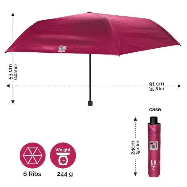 Perletti 20304 - Αντιανεμική Ομπρέλα Βροχής Mini Σπαστή 91cm (Μπορντώ)