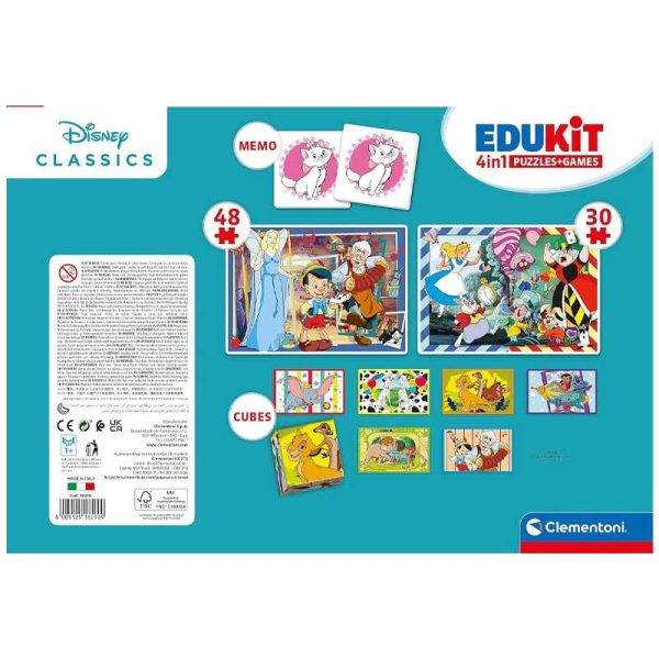 Clementoni Edukit 4 in 1 Disney Classics - Σετ με 2 Παζλ, Παιχνίδι ΜΕΜΟ & Παζλ με 6 Κύβους