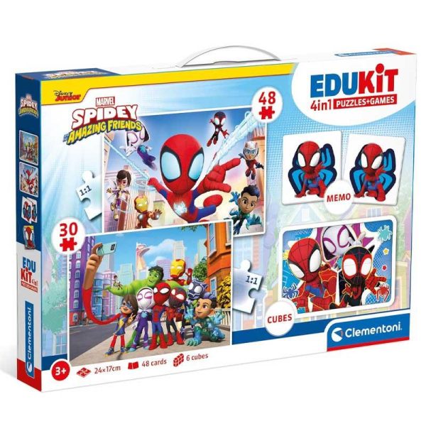Clementoni Edukit 4 in 1 Spidey - Σετ με 2 Παζλ, Παιχνίδι ΜΕΜΟ & Παζλ με 6 Κύβους