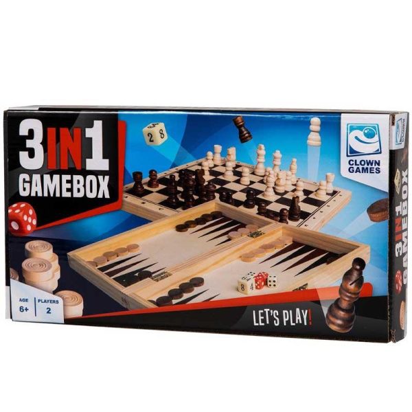 Clown Games 3-In-1 Game Wood - Ξύλινο Σετ Σκάκι - Πούλια - Τάβλι