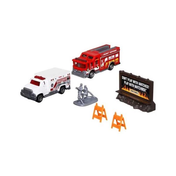 Matchbox Hitch & Haul Fire Rescue Zone: Σετ Πυροσβεστικής με 2 Οχήματα & Αξεσουάρ