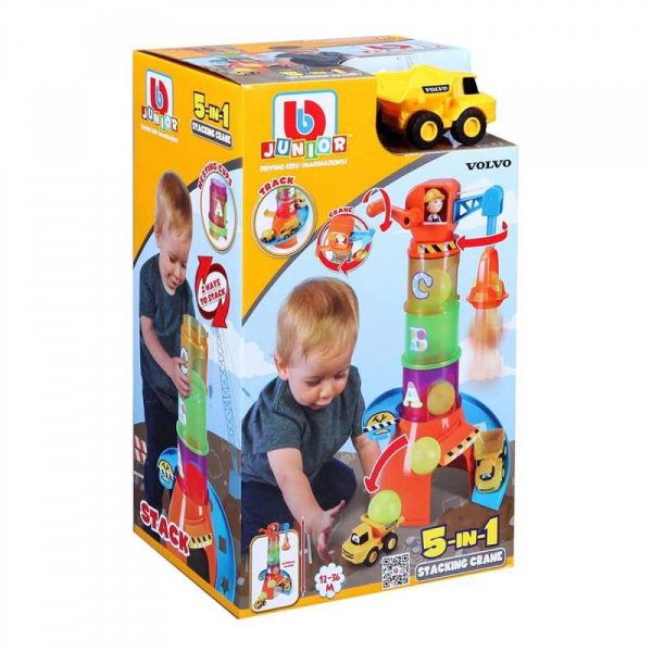 Bburago Junior VOLVO 5-in-1 Stacking Crane: Παιχνίδι Κύλησης με Γερανό & Φορτηγό VOLVO