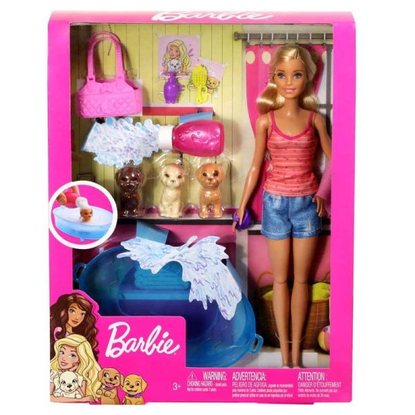 Barbie Doll Puppy Bath Time Playset - Κούκλα Ξανθιά Και Κουτάβια #GDJ37
