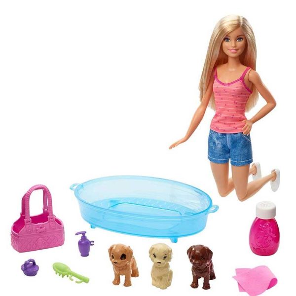 Barbie Doll Puppy Bath Time Playset - Κούκλα Ξανθιά Και Κουτάβια #GDJ37