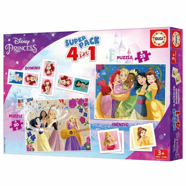 Educa Super Pack 4 in 1 Disney Princess - Σετ με 2 Παζλ, Παιχνίδι ΜΕΜΟ & Domino