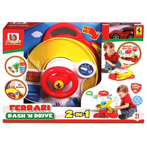 Bburago Junior Ferrari Dash'n Drive 2 in 1: Πίστα με Τιμόνι, Αυτοκινητάκι Ferrari, Ήχους & Φως