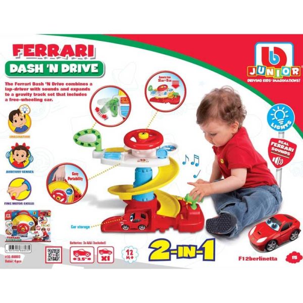 Bburago Junior Ferrari Dash'n Drive 2 in 1: Πίστα με Τιμόνι, Αυτοκινητάκι Ferrari, Ήχους & Φως