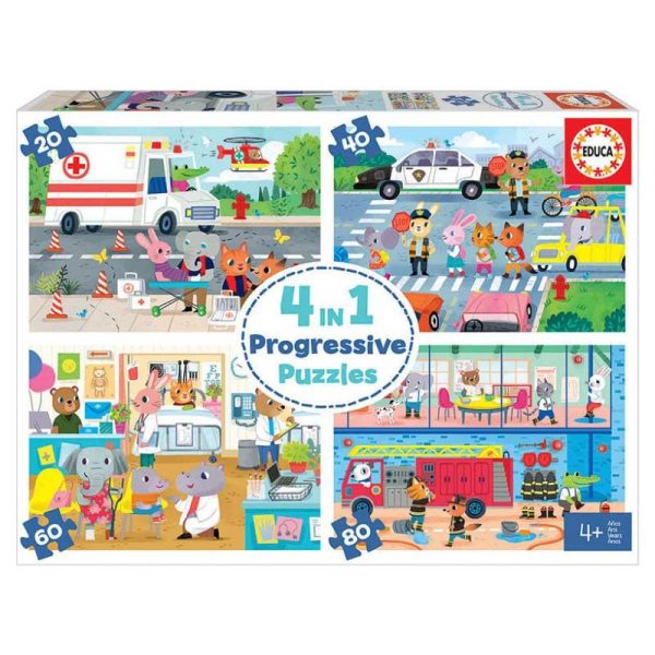 Educa 4 in 1 Progressive Puzzles 'Καθημερινοί Ήρωες' - Σετ με 4 Παζλ (20-40-60-80τμχ)
